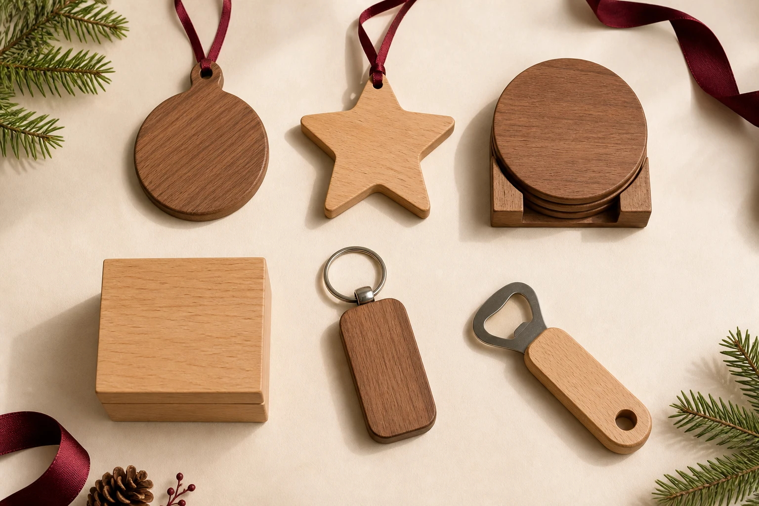 Collection conceptuelle de cadeaux en bois personnalisables pour Noël